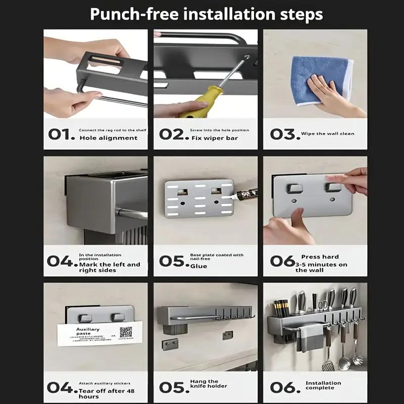 organizador de cozinha sem perfuração, suporte para talheres e utensílios com   para facas e hashis detalhes 5