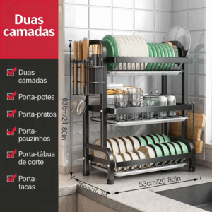 Rack de Secagem de Pratos à Prova de Ferrugem com 2 Andares e Escorredor & Suporte para Utensílios